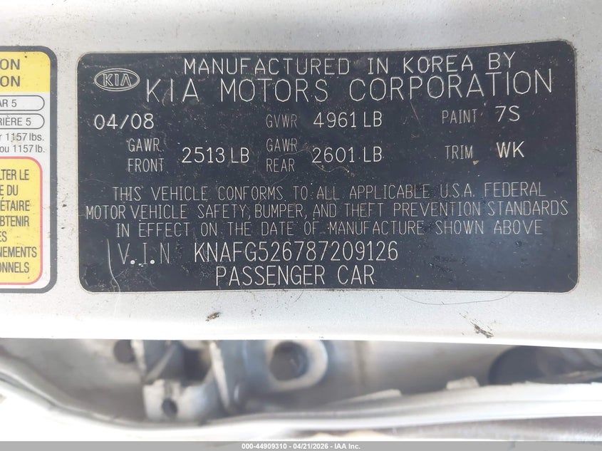 2008 Kia Rondo Ex V6 VIN: KNAFG526787209126 Lot: 44909310