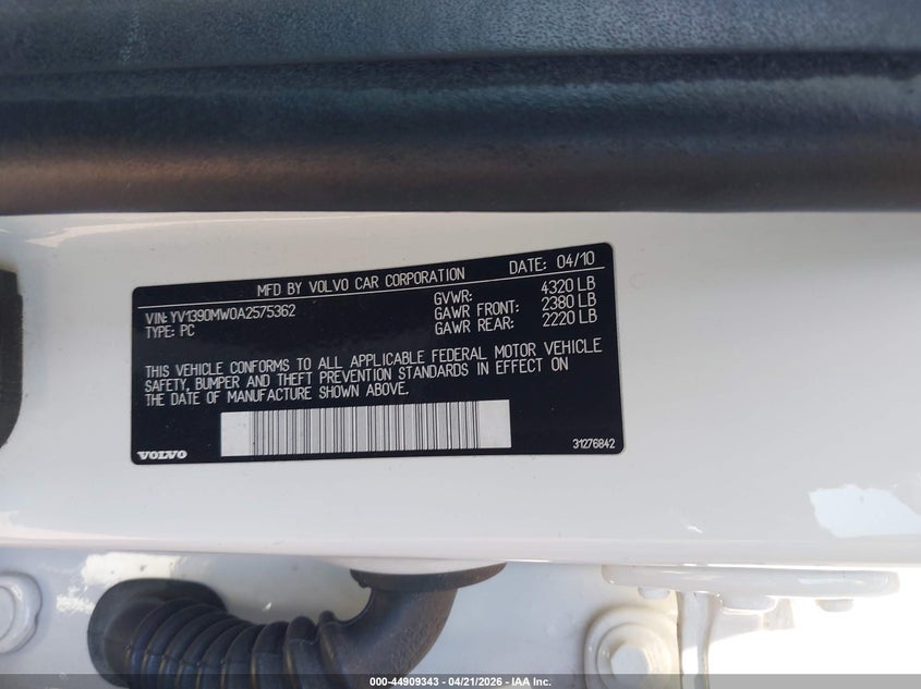 2010 Volvo V50 2.4I VIN: YV1390MW0A2575362 Lot: 44909343