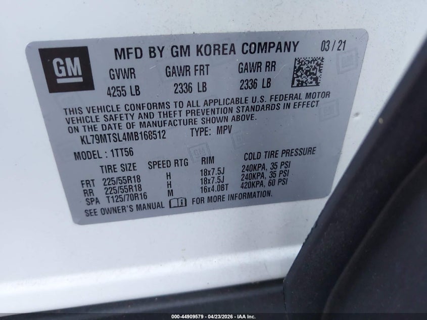 VIN KL79MTSL4MB168512 2021 CHEVROLET TRAILBLAZER FWD RS
