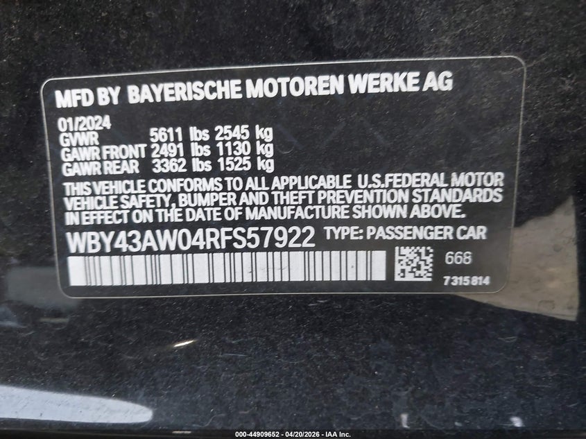 2024 BMW I4 Gran Coupe Edrive35 VIN: WBY43AW04RFS57922 Lot: 44909652