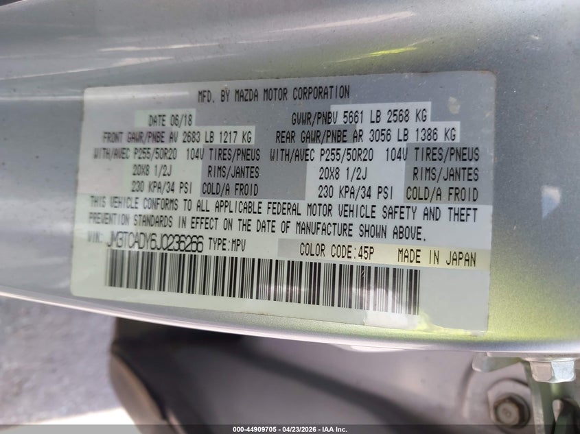 2018 Mazda Cx-9 Grand Touring VIN: JM3TCADY6J0236266 Lot: 44909705