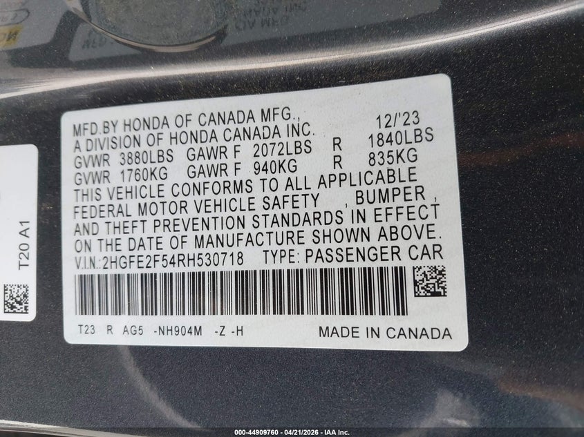 VIN 2HGFE2F54RH530718 2024 HONDA CIVIC SPORT