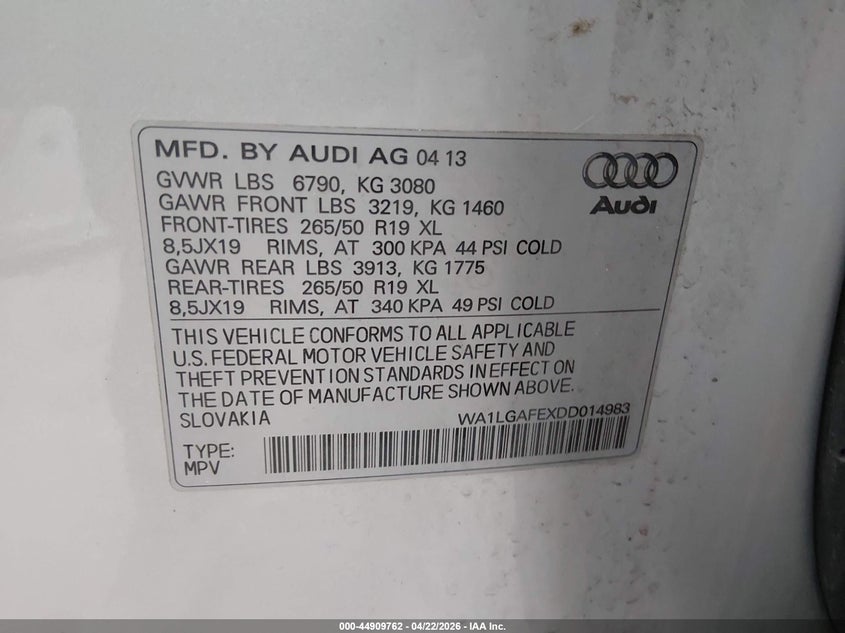 2013 Audi Q7 3.0T Premium VIN: WA1LGAFEXDD014983 Lot: 44909762