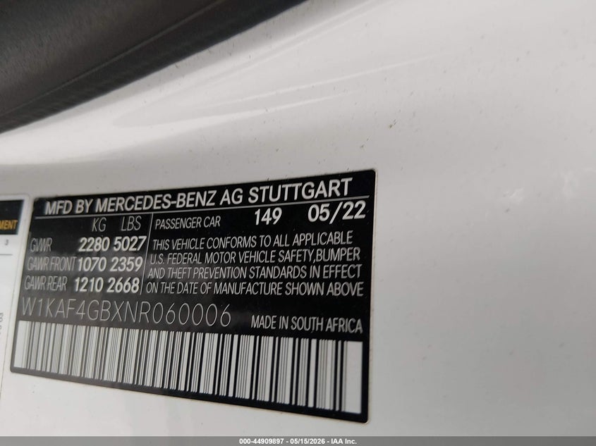 2022 Mercedes-Benz C 300 Sedan VIN: W1KAF4GBXNR060006 Lot: 44909897