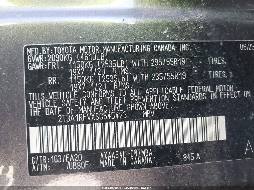 2025 TOYOTA RAV4 2.5L I-4 DI, DOHC, V(VIN: 2T3A1RFVXSC545423