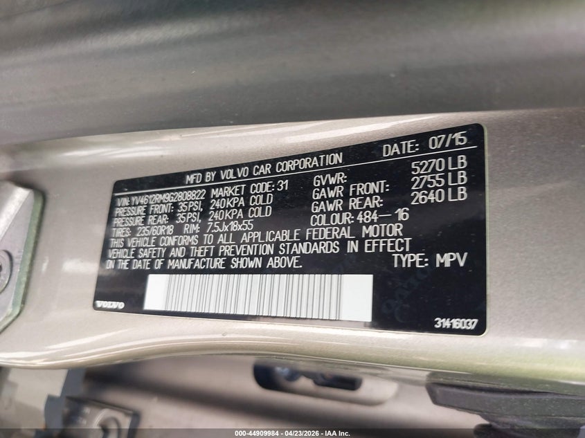 2016 Volvo Xc60 T5 Platinum VIN: YV4612RM9G2808822 Lot: 44909984