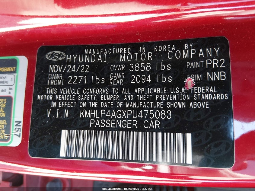 VIN KMHLP4AGXPU475083 2023 HYUNDAI ELANTRA LIMITED