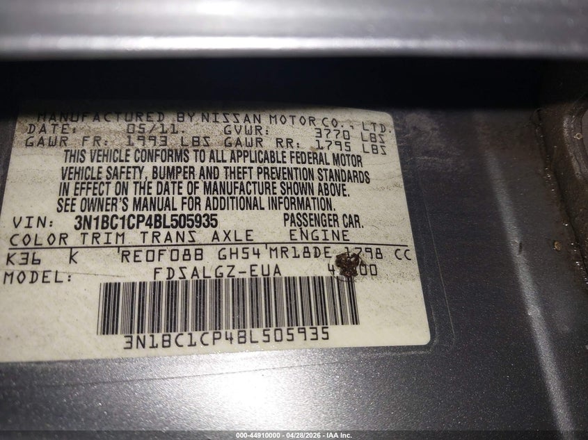 2011 Nissan Versa 1.8 1.8sl Silver Lot 111044910000 Vin 3N1BC1CP4BL505935