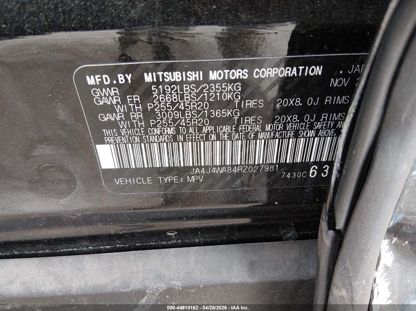 2024 MITSUBISHI OUTLANDER 2.5L I-4 DI, DOHC, V(VIN: JA4J4WA84RZ027981