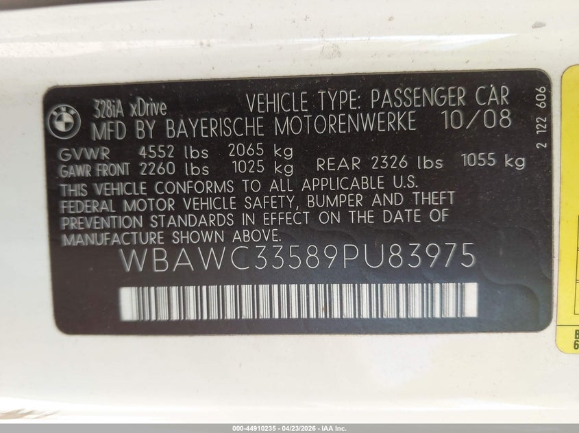 2009 BMW 328I xDrive VIN: WBAWC33589PU83975 Lot: 44910235