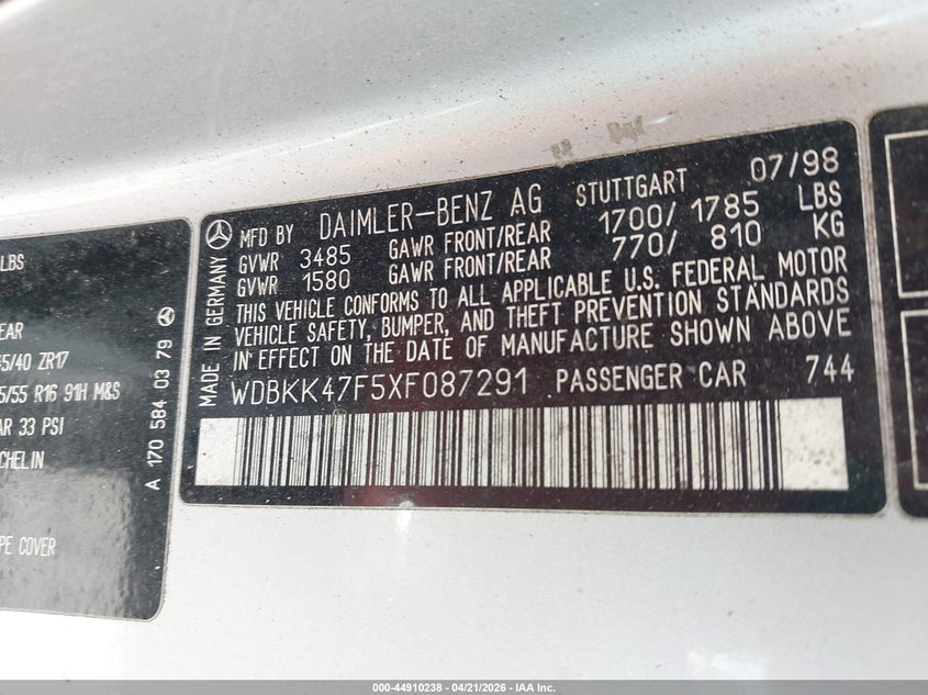 1999 Mercedes-Benz Slk 230 Kompressor VIN: WDBKK47F5XF087291 Lot: 44910238