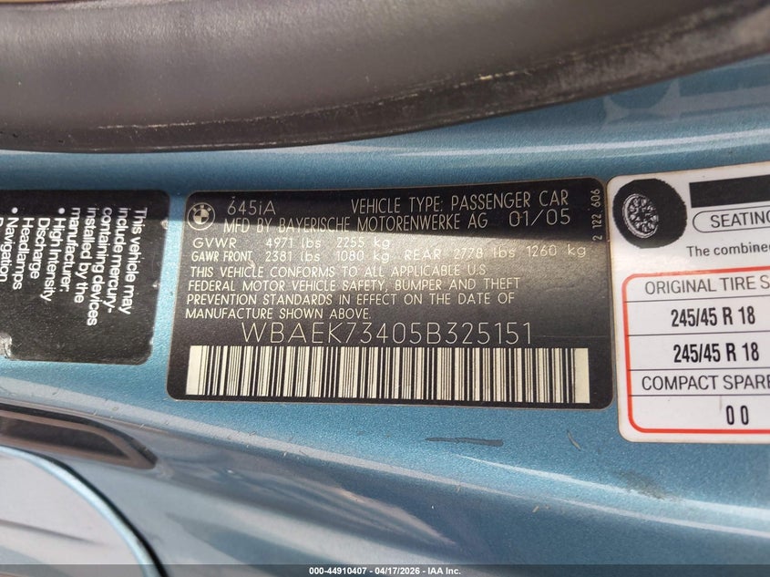 2005 BMW 645Ci VIN: WBAEK73405B325151 Lot: 44910407