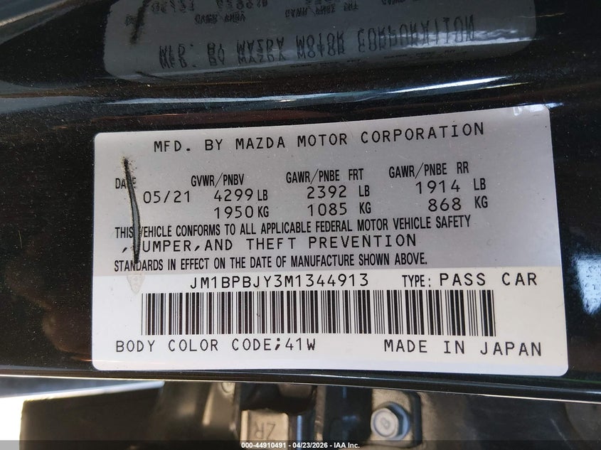 2021 Mazda Mazda3 2.5 Turbo VIN: JM1BPBJY3M1344913 Lot: 44910491