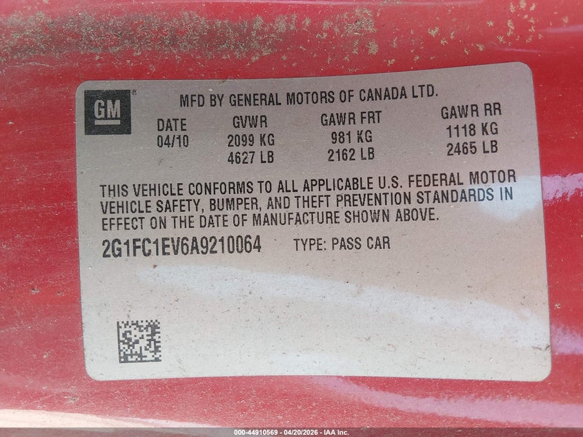 2010 Chevrolet Camaro 3.6 2Lt red Lot 111044910569 Vin 2G1FC1EV6A9210064