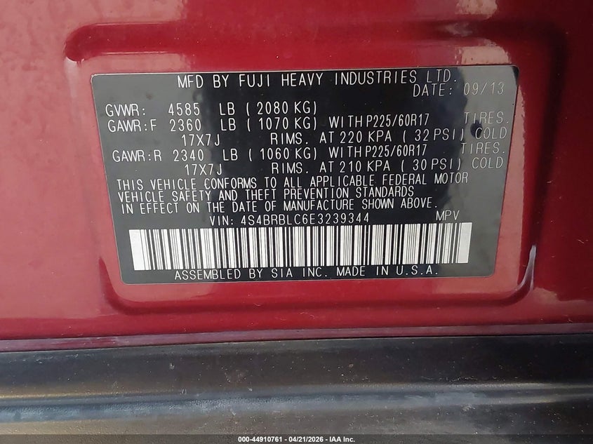 2014 SUBARU OUTBACK SPORT UTILITY VEHICLE 2.5L H-4 DOHC, VVT, 173HP