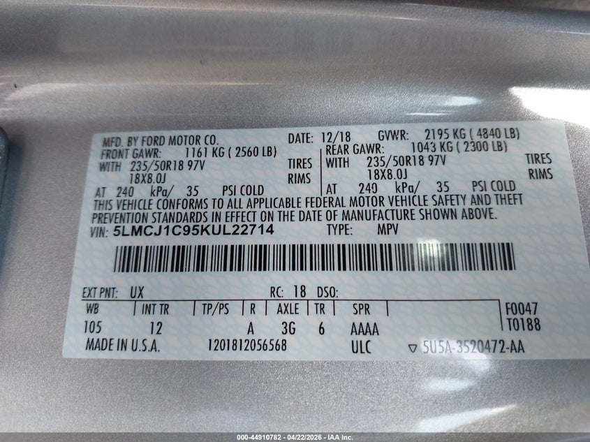 2019 Lincoln Mkc Standard VIN: 5LMCJ1C95KUL22714 Lot: 44910782