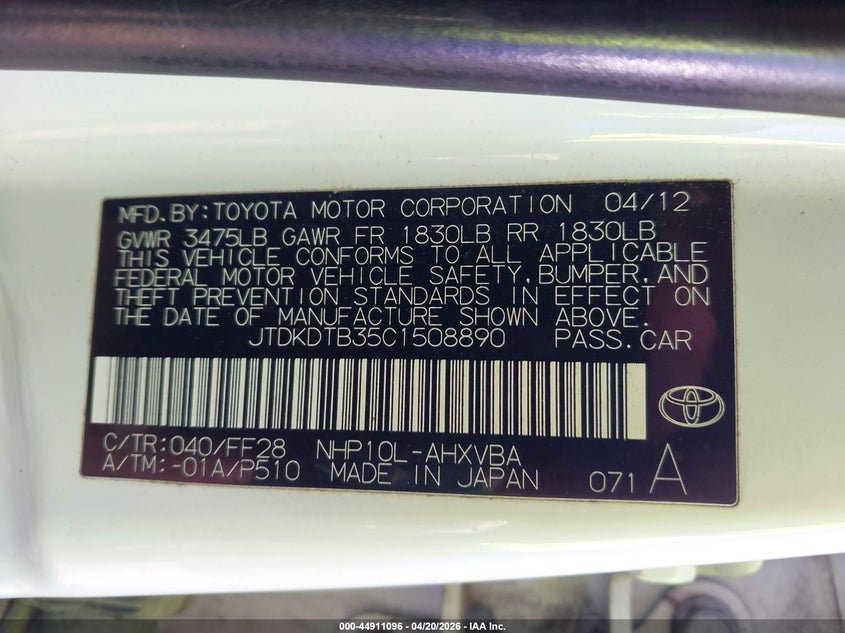 2012 Toyota Prius C Two VIN: JTDKDTB35C1508890 Lot: 44911096