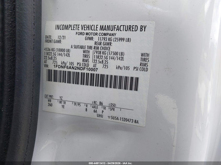 2022 FORD F-650 GAS (VIN: 1FDNF6AN2NDF10007