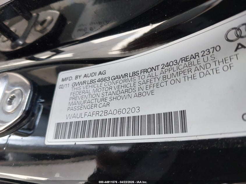 2011 Audi A5 2.0T Premium VIN: WAULFAFR2BA060203 Lot: 44911576