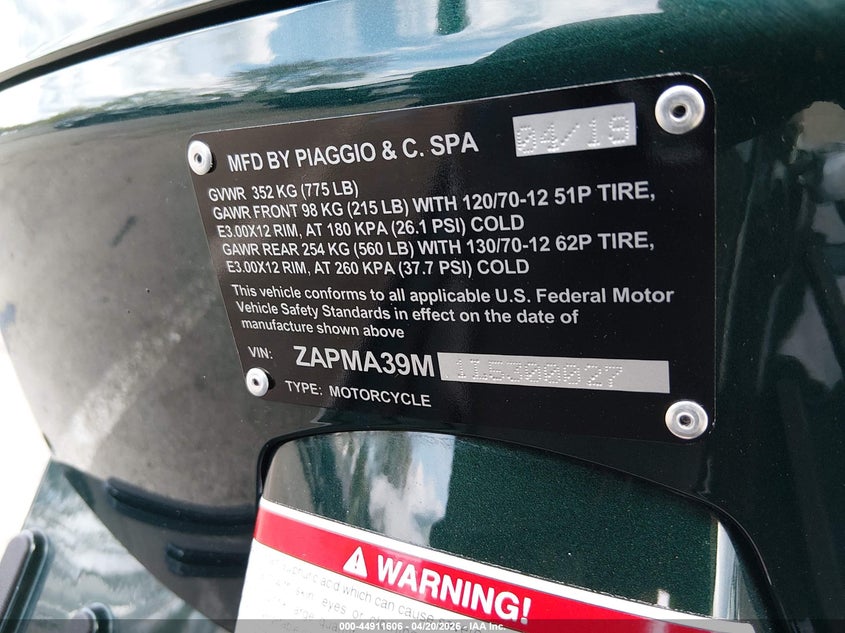 2020 Vespa Gts VIN: ZAPMA39M1L5300027 Lot: 44911606