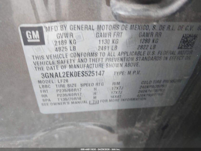 2014 Chevrolet Captiva Sport 2Ls VIN: 3GNAL2EK0ES525147 Lot: 44911635
