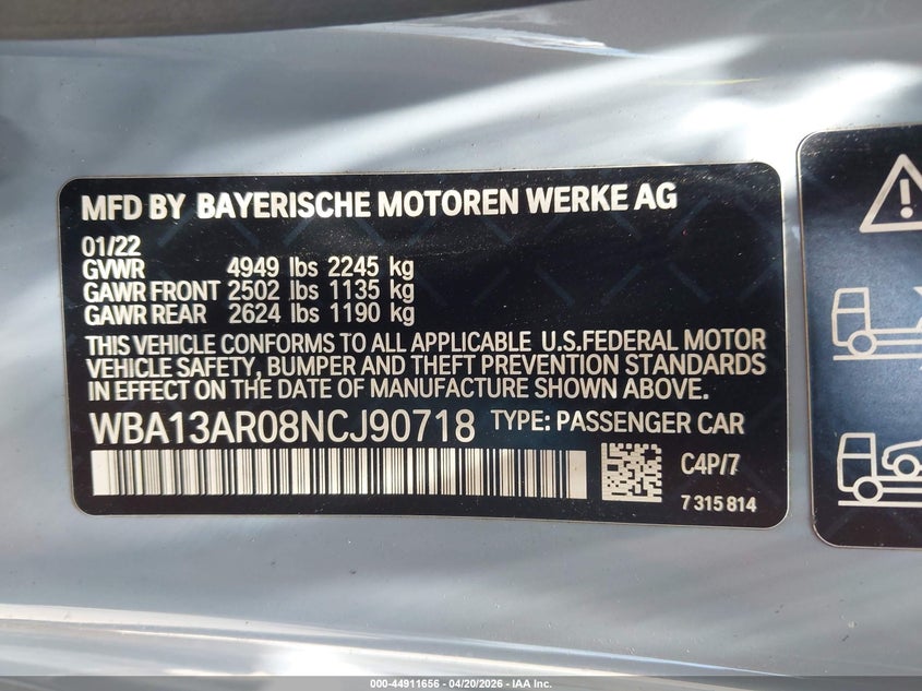 2022 BMW M440I xDrive VIN: WBA13AR08NCJ90718 Lot: 44911656