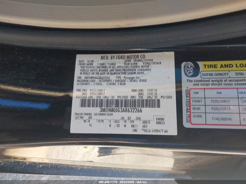 2010 Mercury Milan Premier VIN: 3MEHM0JG3AR632266 Lot: 44911718