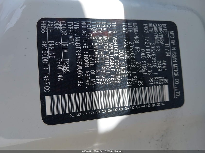 2025 NISSAN ROGUE(VIN: JN8BT3BA9SW005192