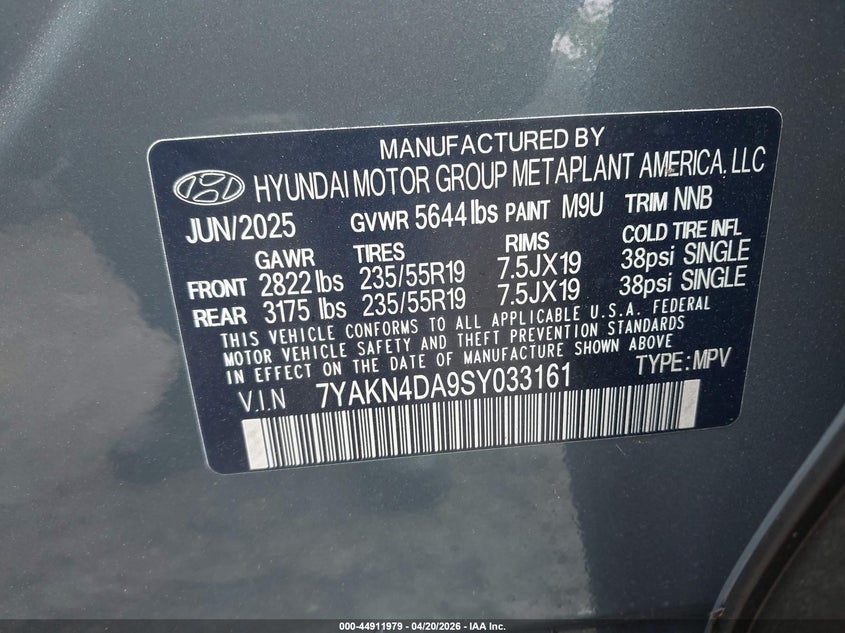 2025 Hyundai Ioniq 5 Sel VIN: 7YAKN4DA9SY033161 Lot: 44911979