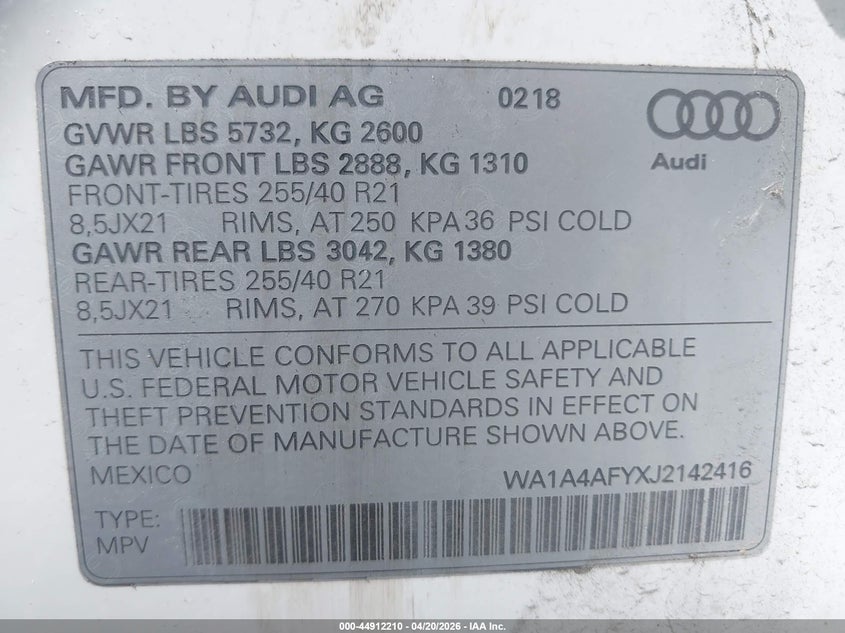 2018 Audi Sq5 3.0T Premium Plus VIN: WA1A4AFYXJ2142416 Lot: 44912210
