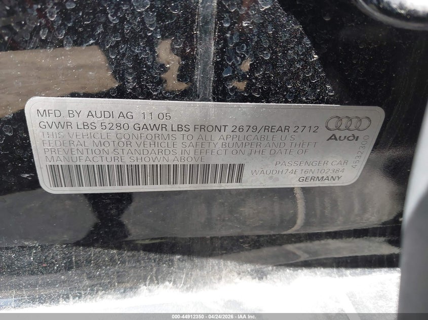 2006 Audi A6 3.2 VIN: WAUDH74F16N102384 Lot: 44912350