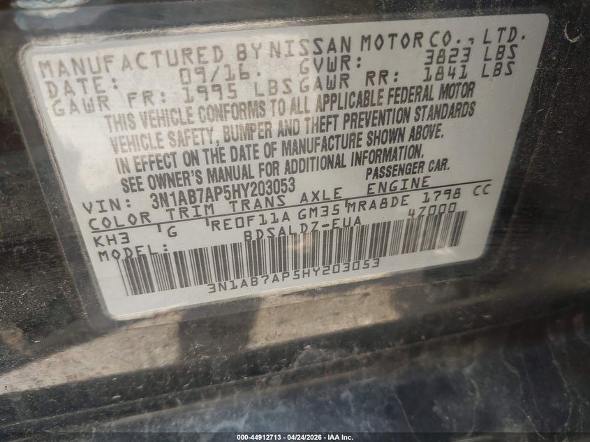 VIN 3N1AB7AP5HY203053 2017 NISSAN SENTRA SV