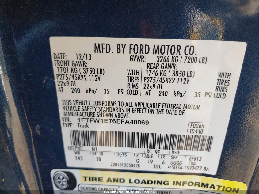 2014 FORD F-150 TRUCK 3.5L V-6 DI, DOHC, VVT, TURBO, 365HP