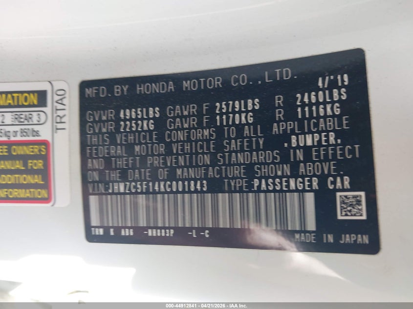 VIN JHMZC5F14KC001843 2019 HONDA CLARITY PLUG-IN HYBRID