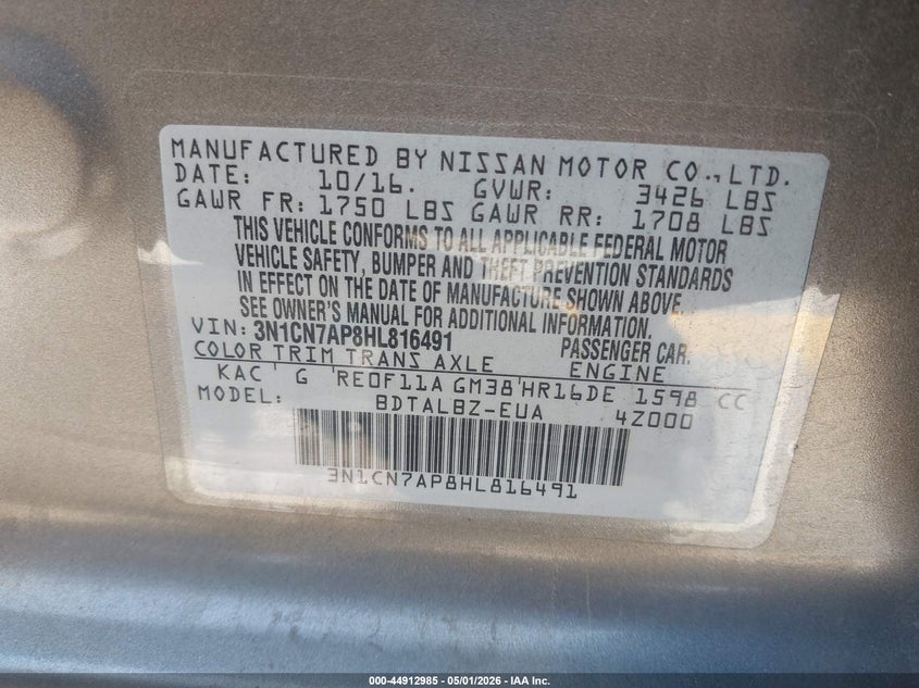 2017 NISSAN VERSA SEDAN 1.6L I-4 DOHC, VVT, 109HP