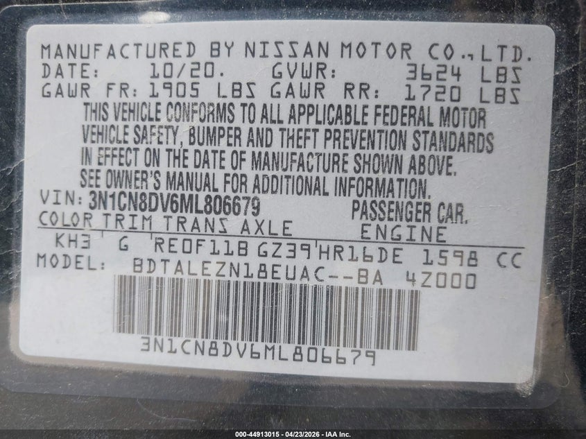 2021 NISSAN VERSA SEDAN 1.6L I-4 DOHC, VVT, 122HP