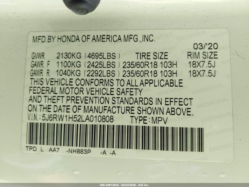 VIN 5J6RW1H52LA010808 2020 HONDA CR-V 2WD EX