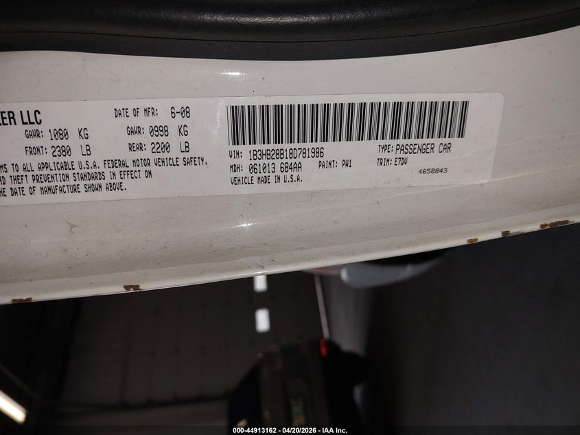 2008 Dodge Caliber Se VIN: 1B3HB28B18D781986 Lot: 44913162