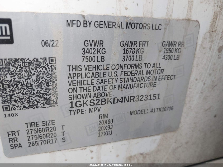 2022 GMC Yukon 4Wd Slt VIN: 1GKS2BKD4NR323151 Lot: 44913210