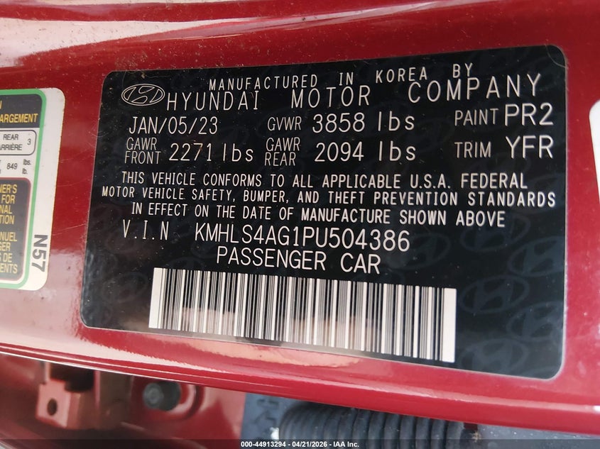 2023 HYUNDAI ELANTRA 2.0L I-4 DOHC, VVT, (VIN: KMHLS4AG1PU504386