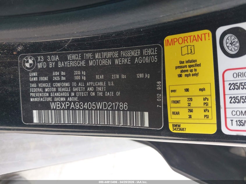2005 BMW X3 3.0I VIN: WBXPA93405WD21786 Lot: 44913496