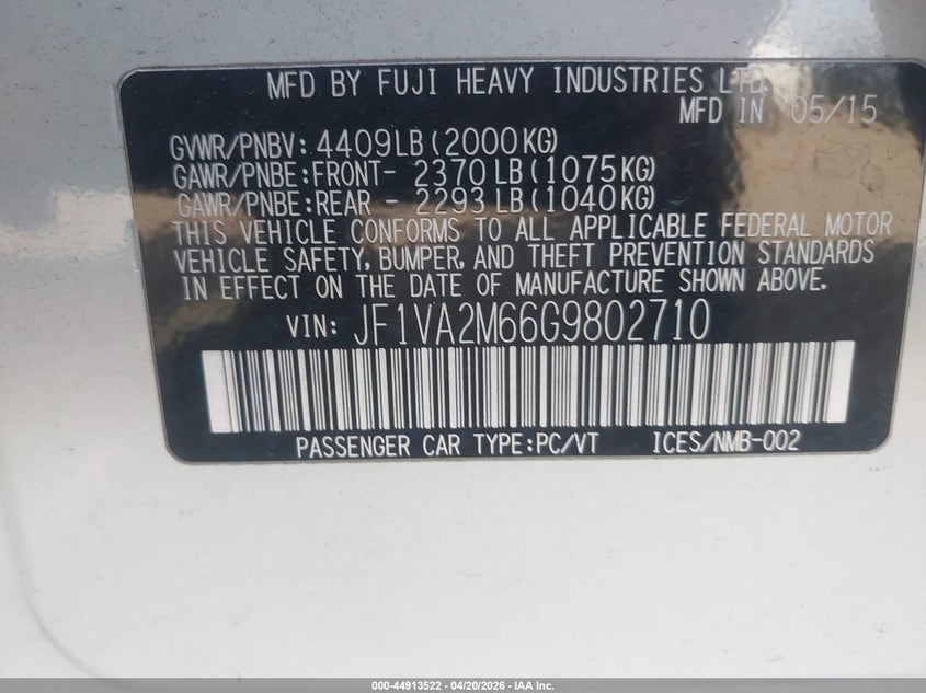 2016 Subaru Wrx Sti VIN: JF1VA2M66G9802710 Lot: 44913522