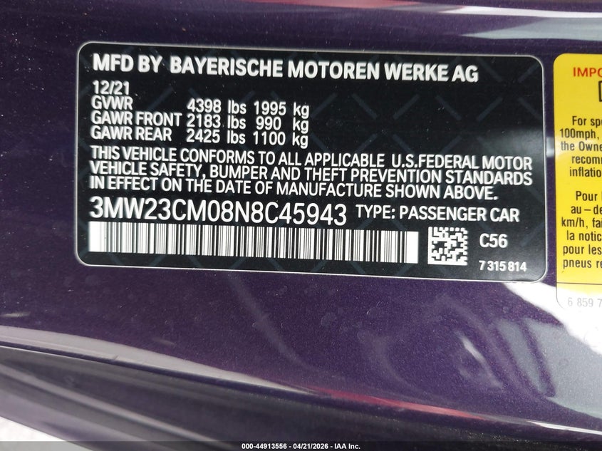 2022 BMW 230 I VIN: 3MW23CM08N8C45943 Lot: 44913556