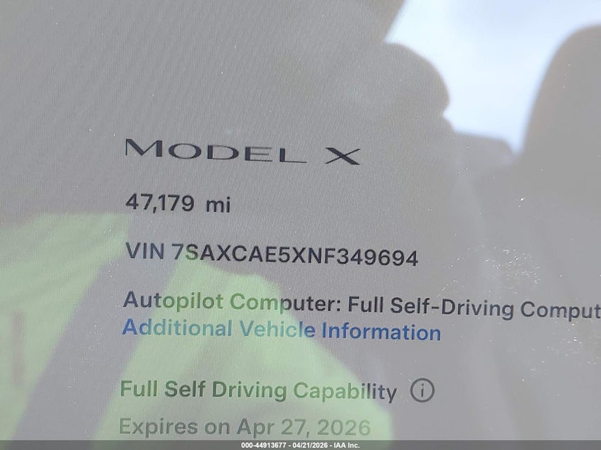 2022 Tesla Model X Dual Motor All-Wheel Drive VIN: 7SAXCAE5XNF349694 Lot: 44913677