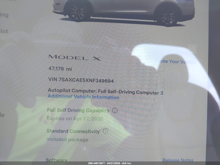 2022 Tesla Model X Dual Motor All-Wheel Drive VIN: 7SAXCAE5XNF349694 Lot: 44913677
