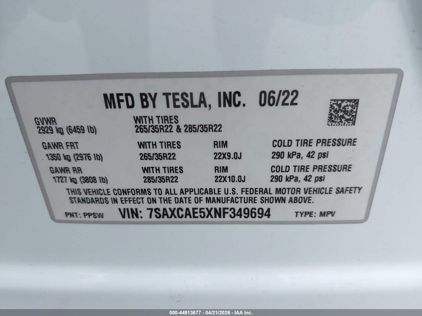 2022 Tesla Model X Dual Motor All-Wheel Drive VIN: 7SAXCAE5XNF349694 Lot: 44913677