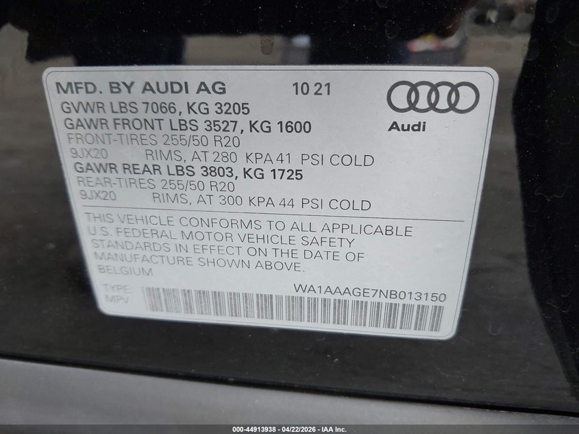 2022 Audi E-Tron Premium Quattro VIN: WA1AAAGE7NB013150 Lot: 44913938
