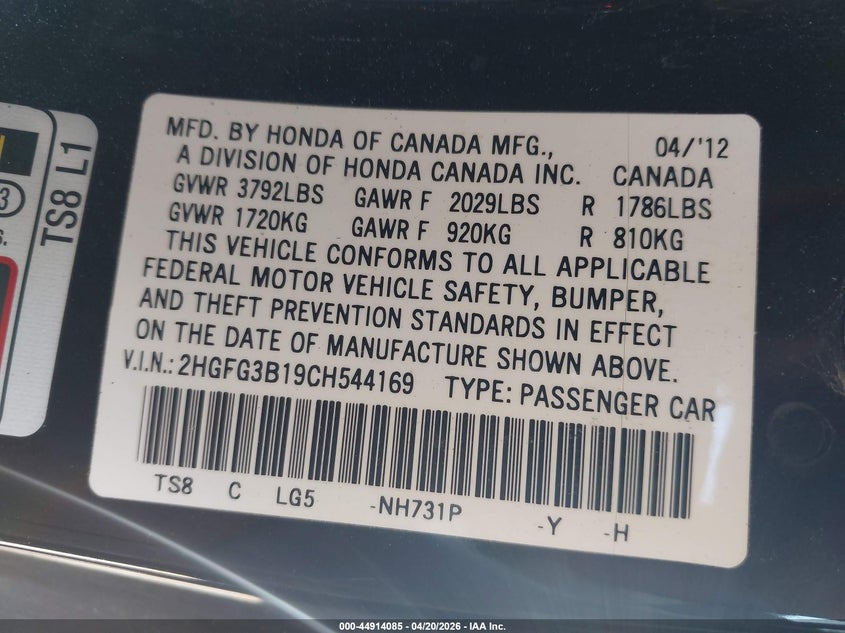 2012 Honda Civic 1.8 Ex-L black Lot 111044914085 Vin 2HGFG3B19CH544169