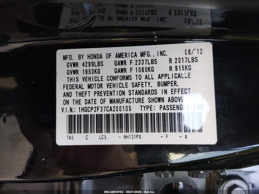 2012 Honda Accord 2.4 2.4 Lx black Lot 111044914163 Vin 1HGCP2F37CA200105