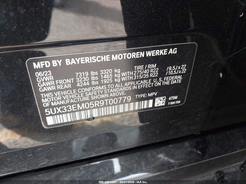 2024 BMW X7 M60I VIN: 5UX33EM05R9T00779 Lot: 44914207